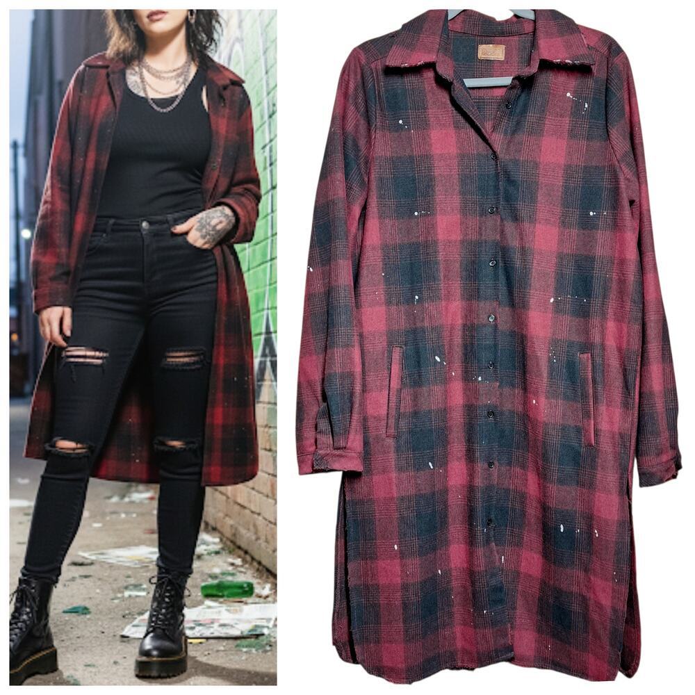 POL heavyweight wool blend plaid shacket long jacket flannel oversize buttondown
